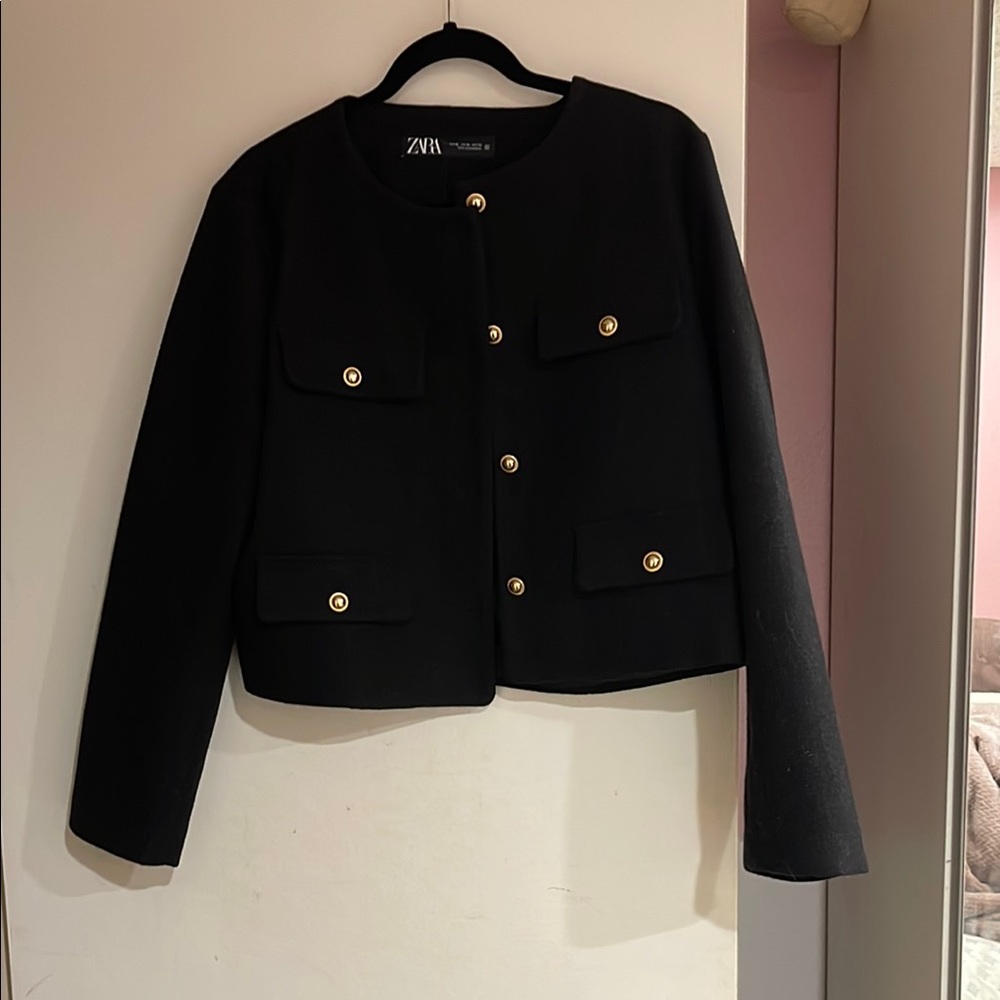 Zara Black Cropped Jacket Box Structured Blazers & Suit Jackets